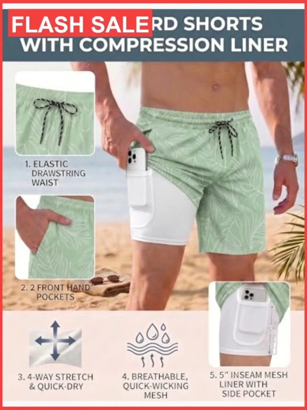 Men's Swim Trunks with Compression Liner Quick Dry Board Shorts